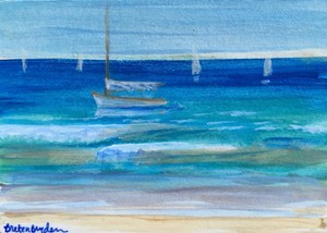 ACEO-Original-Miniature-Painting-Catboat-Sailboat-Nautical-Sea-Cape-Cod-Artist