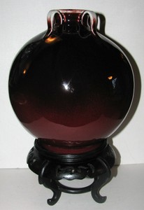 Thailand Chinese Red Flambe Glaze 4 Handled Vase Vessel Signed / Stand