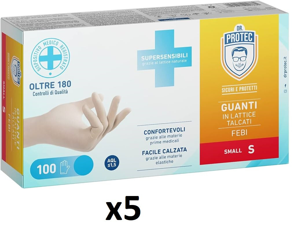 5CF da 100 guanti,DR PROTEC FEBI 500 Guanti monouso in lattice naturale taglia S