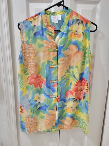 Tess 100% Silk Sleeveless Blouse Chinese Tunic Button Up Multicolor Women Medium - 第 2/12 張圖片