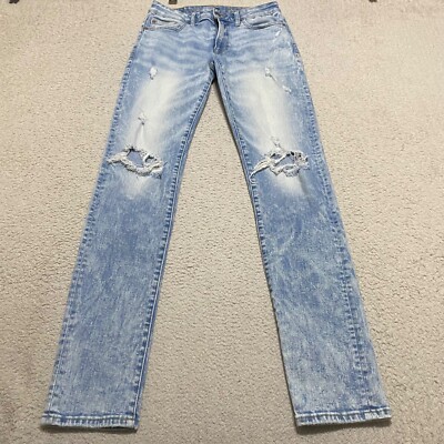 American Eagle Mens Jeans 30x34 Blue Denim Slim Straight Light Wash Distressed