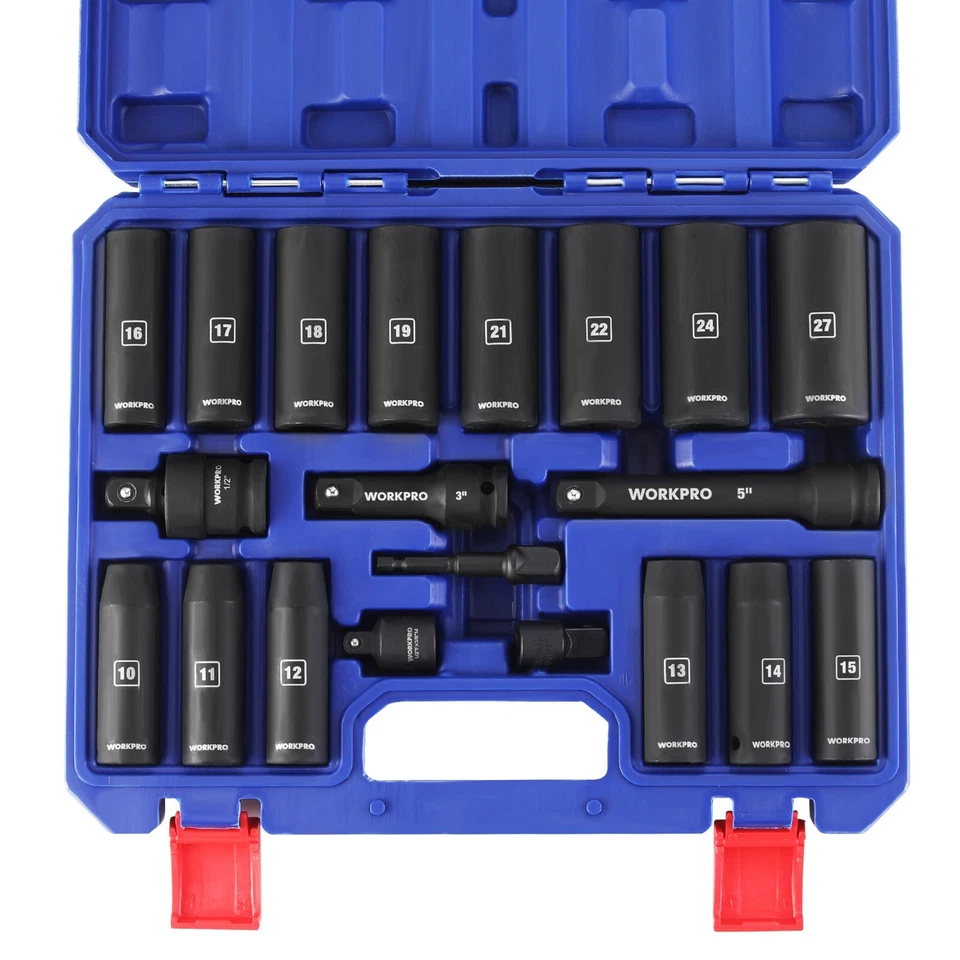 WORKPRO 20Piece 1/2''Drive Deep Impact Socket Set 6-Point Cr-V Steel 10-27mm NEW - Image 2 of 4