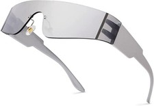 Trendy Rimless Futuristic Visor Sunglasses,Wrap Around Futuristic Silver