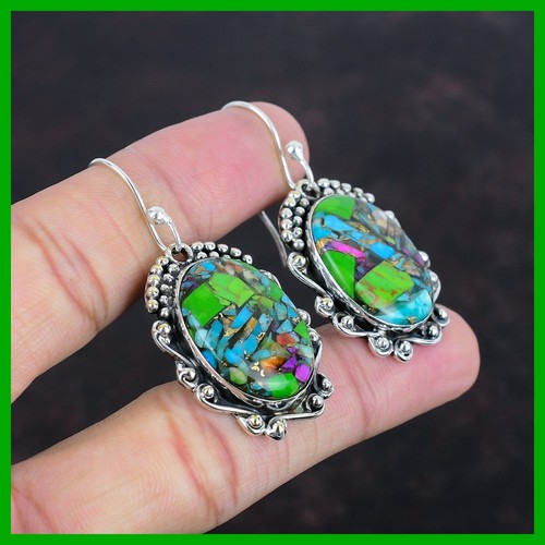 Sterling Silver Fiesta Kingman Turquoise Stone Engagement Drop Ethnic Earrings - Imagen 5 de 7