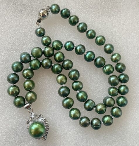 Long collier pendentif cœur perle de culture 18" 22" 24" 8-9 mm vert véritable akoya - Photo 1/11