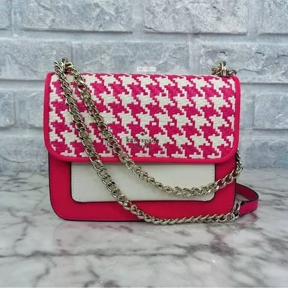 Kate Spade Remi Flap Chain Crossbody Shoulder Bag In Houndstooth Bikini Pink