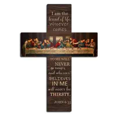 Bread Of Life Last Supper Scene Wooden Cross Wall Art Plaque