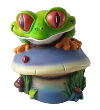 VTG 1998 Rainforest Cafe RED EYED TREE FROG On Mushroom Piggy Bank Figurine NICE