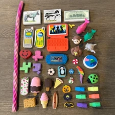 Vintage Eraser Lot 40 Laptop Phone Ice Cream Horse Whale Money Video Game Cool! 