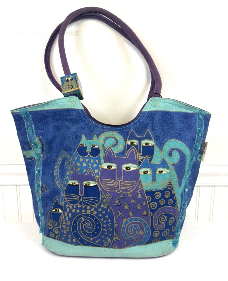 Laurel Burch Indigo Cats Large Shoulder Canvas Tote Bag Luggage - Image 2 of 4