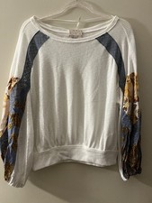 Free People Women's Ivory Cotton Knit Patchwork Balloon Sleeve Sweater S