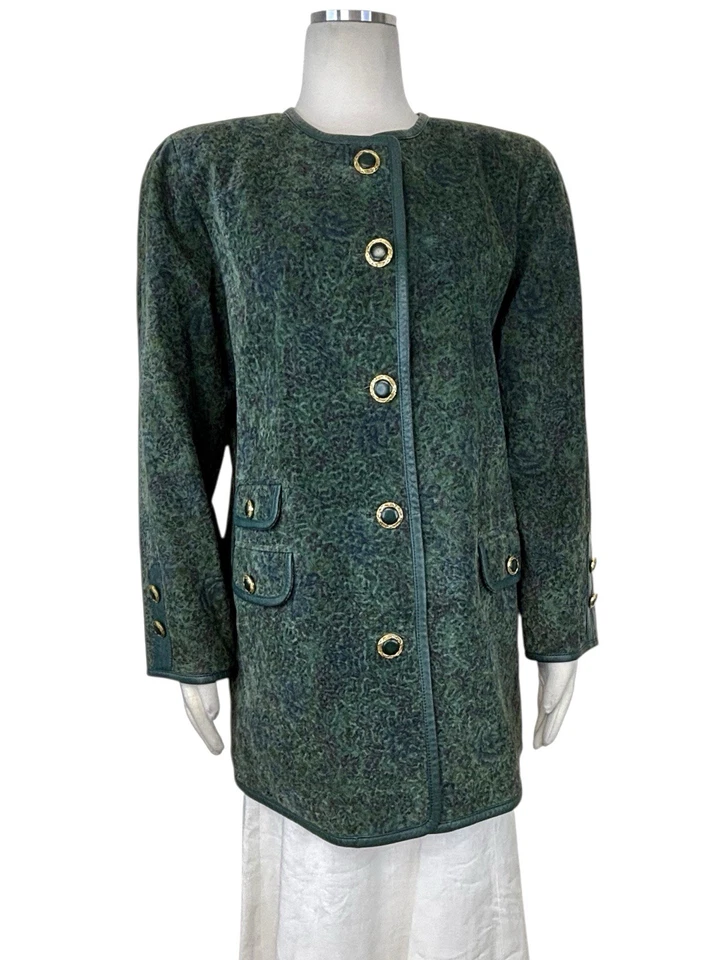 Chaqueta Blazer Pierre Balmain Gamuza Cuero Verde Floral Calce Grande Talla Única F