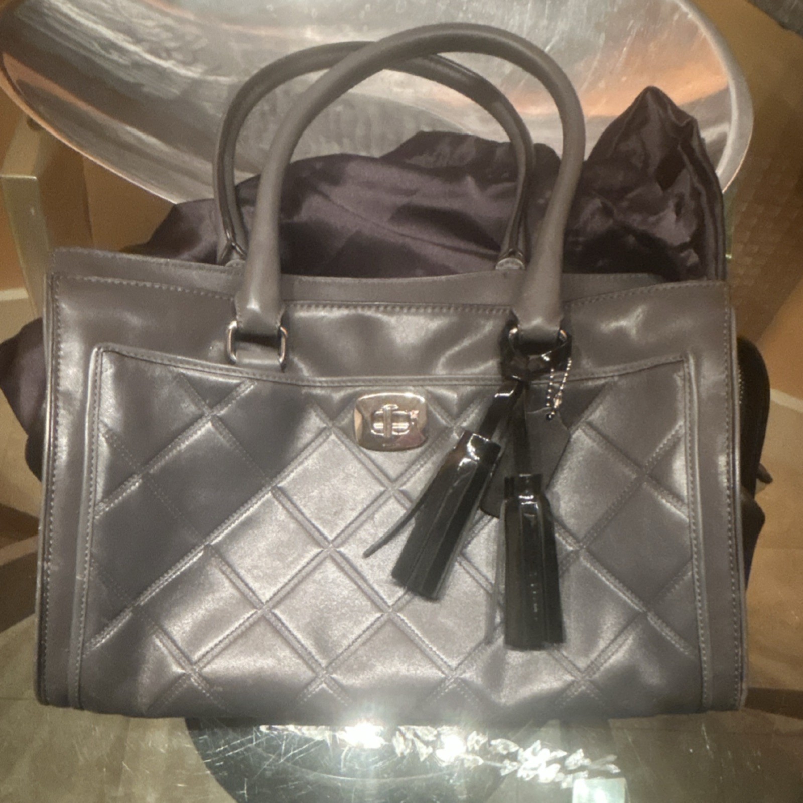 COACH QUILTED BLACK SATCHEL TASSEL & STITCHING ACCENTS ZIP CLOSURE