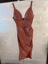 Fashion Nova Brown Faux Leather Pleated Sleeveless Midi Bodycon Dress Size M