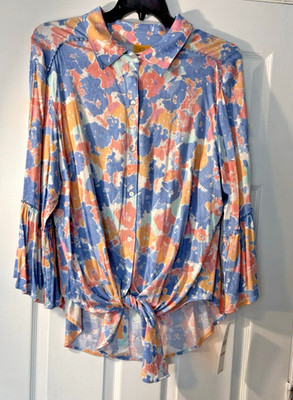 Ruby Rd. Women's 2X Shirt, Blouse, Top Watercolor Dreams Button Tie Front