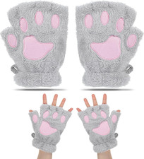 Cat Paw Fingerless Gloves, Furry Paws Gloves Faux Fur Plush Furry Cat Claw Glove