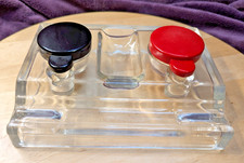 Retro Velos Pressed Glass Double Inkwell & Penholder - Lids for Red & Black Ink