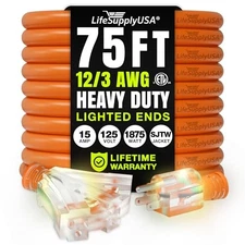 Heavy Duty Extension Cord 75 Ft 3 Outlet Waterproof Cold Resistant