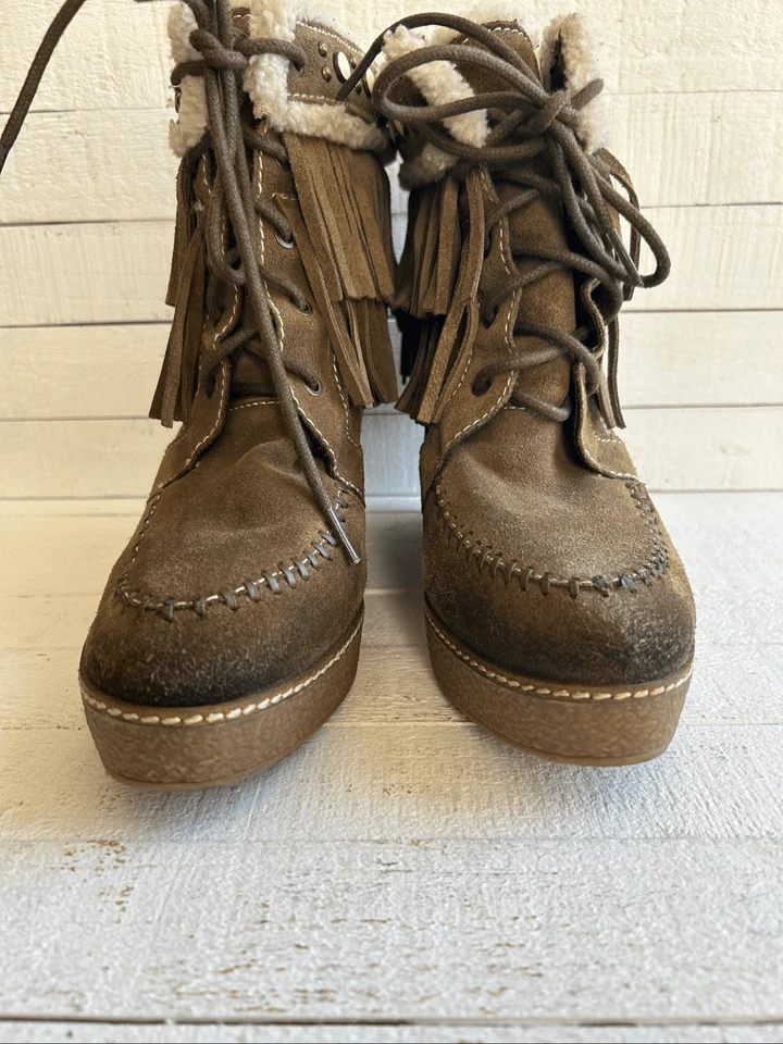 Sam Edelman Kemper Botas de Cuña con Flecos Talla 11M Marrón Gamuza Con Cordones Piel de Oveja Tri Foto 4 de 4
