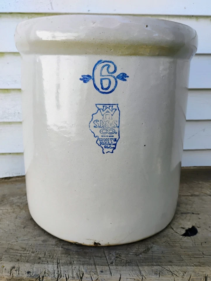 Vasija antigua vintage de 6 galones blanca SP&S CO. Illinois Foto 2 de 4