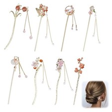 8 Pcs Chinese Hair Sticks Set, Gold White Japanese Hair Stick with Pearl Butter