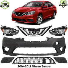 Front Bumper Cover Primed Plastic & Headlights Kit For 2016-2019 Nissan Sentra