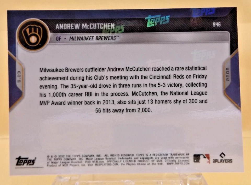 2022 Topps Now #946 - Andrew McCutchen - Milwaukee Brewers - PR447 - Near Mint - Image 2 of 2