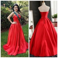 Strapless Satin Red Prom Dress sleeveless Long A-line Formal Evening Party Gowns