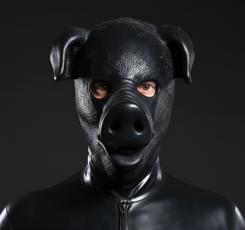 BLACK LATEX PIG FETISH FULL HEAD HEAVY THICK RUBBER HOOD BOAR HOG MEN MASK ZIP