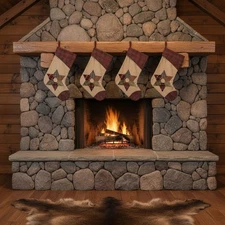 VHC Brands Seasons Crest Set 4 Rustic Patchwork Star Quilted Christmas Stockings