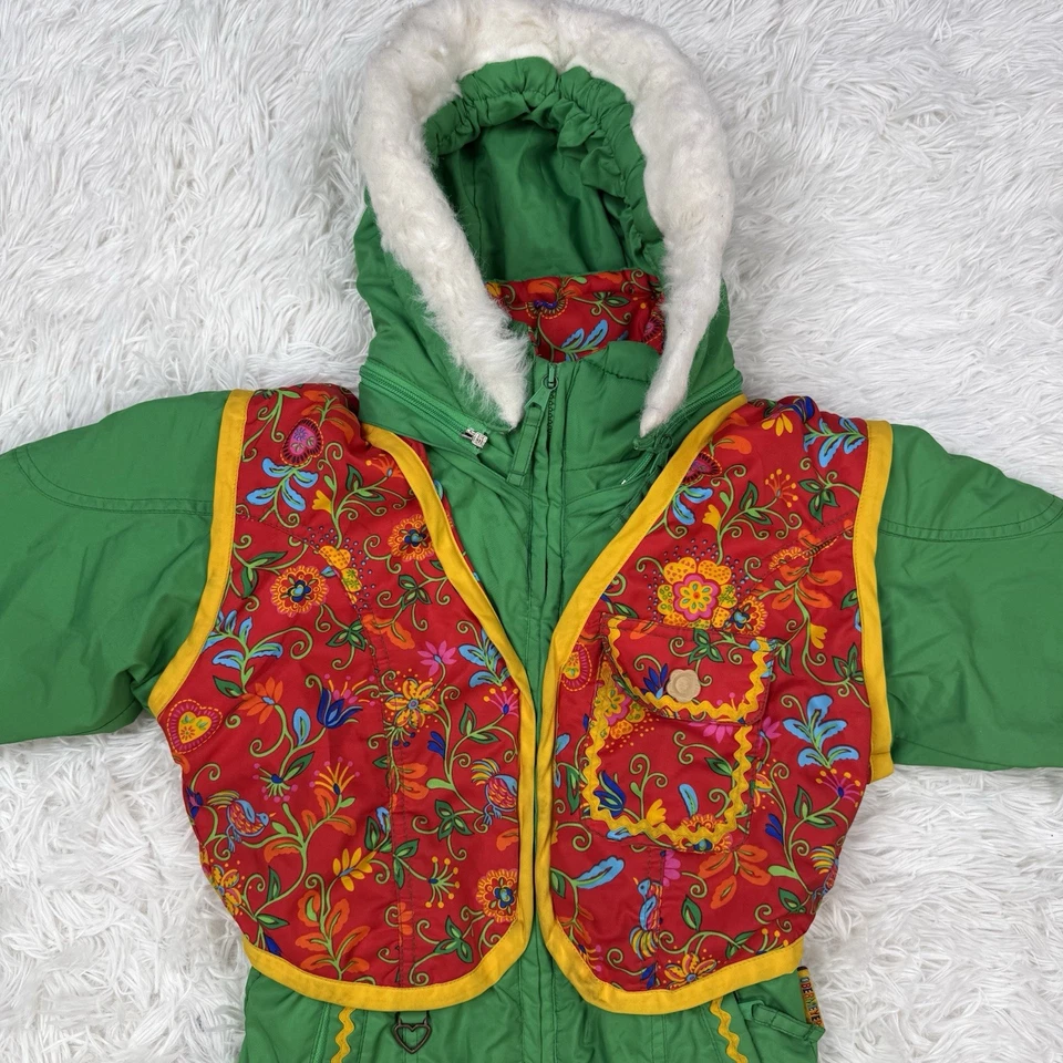 Obermeyer Girls Snowsuit One Piece Green/Yellow/Red Flowers Ski Suit Preschool 4 - Image 4 of 4