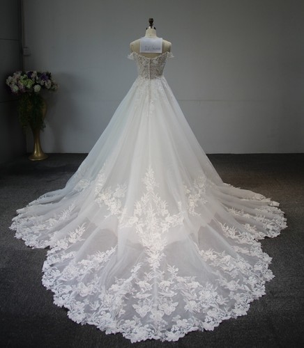 Long train handmade beading wedding dress with off shoulder sleeve - Picture 3 of 7