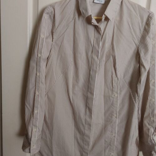 Blusa donna Akris Punto L/S bottoni davanti marrone righe bottoni accento taglia 8 - Foto 3 di 19