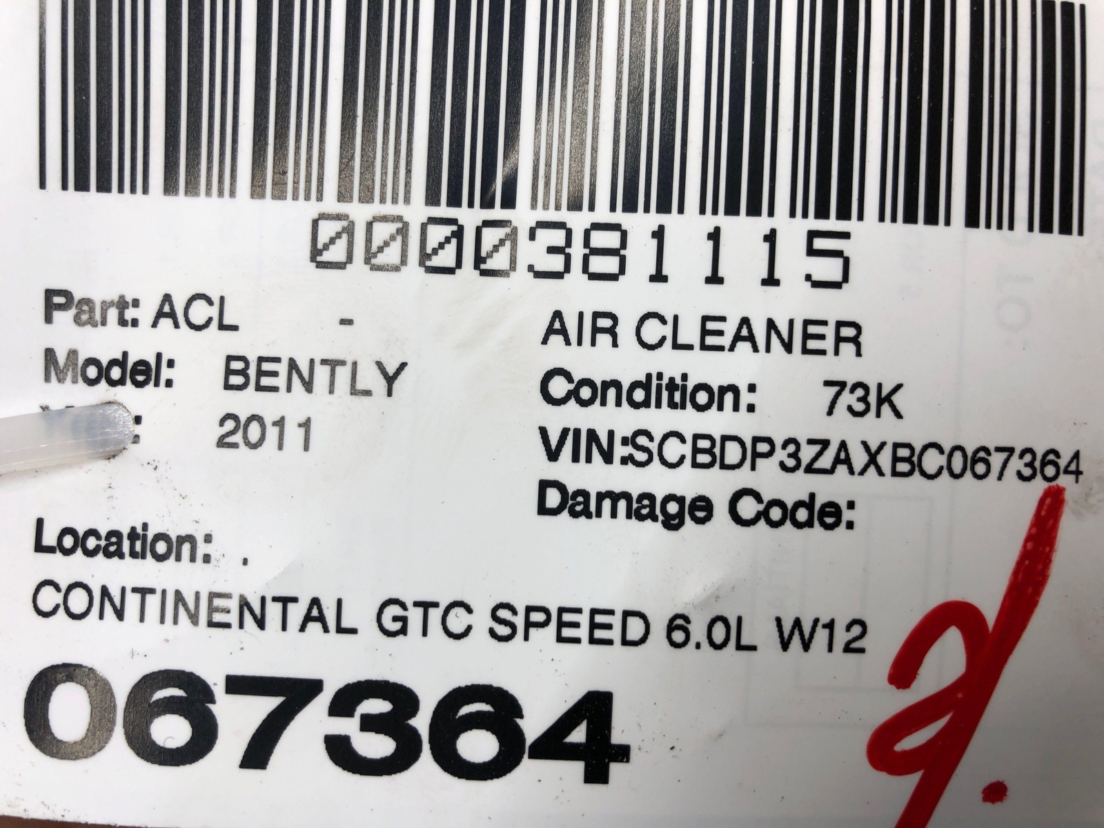 2011 BENTLEY CONTINENTAL GTC SPEED LEFT SIDE AIR CLEANER FILTER 07D906461 OEM