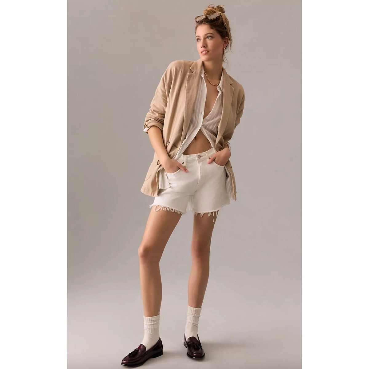 AGOLDE Parker Long Shorts Loose Fit White Denim Size 32 in Panna