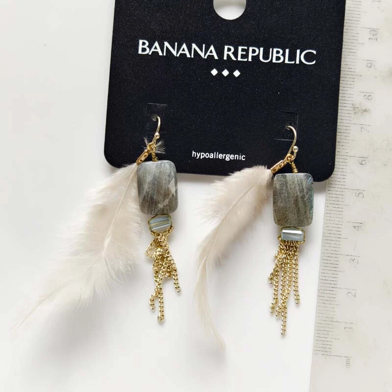 New Banana Republic Feather Stone Drop Earrings Gift Fashion Women Party Jewelry - Image 3 of 3
