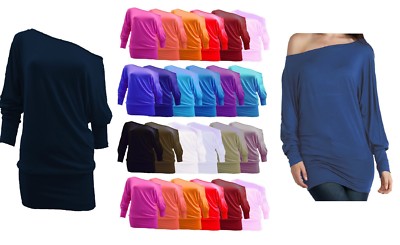 WOMEN ONE OFF SHOULDER BATWING LONG SLEEVE SLOUCHY T-SHIRT BAGGY TOP SIZES 8-26