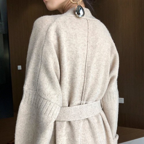 Women Cashmere Blend Solid Color Knitted Cardigan Long Belt Outwear Sweater Coat - Picture 8 of 18
