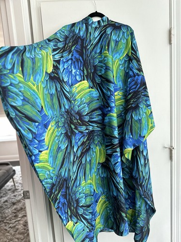 H&M SATIN KAFTAN LIMITED EDITION TROPICAL BIRD FEATHER DRESS LARGE - Picture 3 of 8