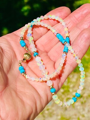 14k Solid Gold White Opal Sleeping Beauty Turquoise Beaded 17