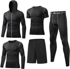 BUYJYA 5Pcs Men's Compression Pants Shirt Top Long Sleeve Jacket Athletic Sets