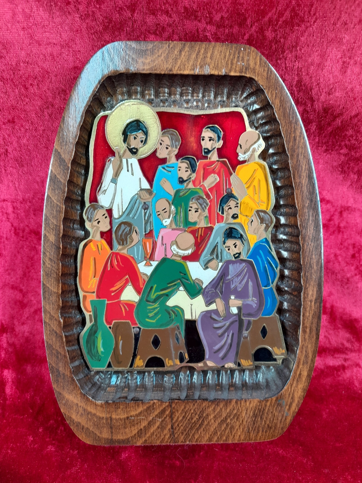 Enamelled Metal Last Supper. Wooden Frame. 20th Century