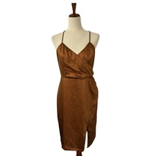 Lulu's Dress Size Large Hot Night Out Bronze Satin Surplice Faux-Wrap Cocktail