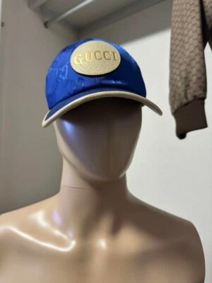 Gucci Casquette Baseball En Cuir Bleu Rare Avec Logo Monogramme GG - Photo 1/4