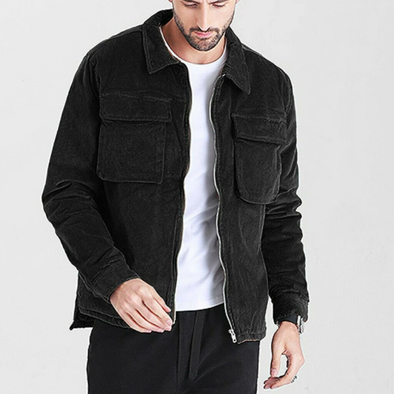 Mens Corduroy Lapel Collar Long Sleeves Zipper Jacket Casual Outwear Black Coat