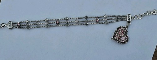 Vintage Retired Brighton 3 Strand Pink Ribbon Heart Bracelet 7-7.5” S Plate - Picture 8 of 13