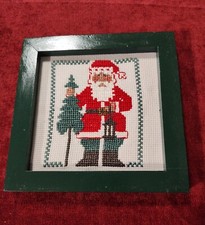 Santa With Tree Christmas Holiday Needlepoint Original Wood Frame 1960s-Vintage