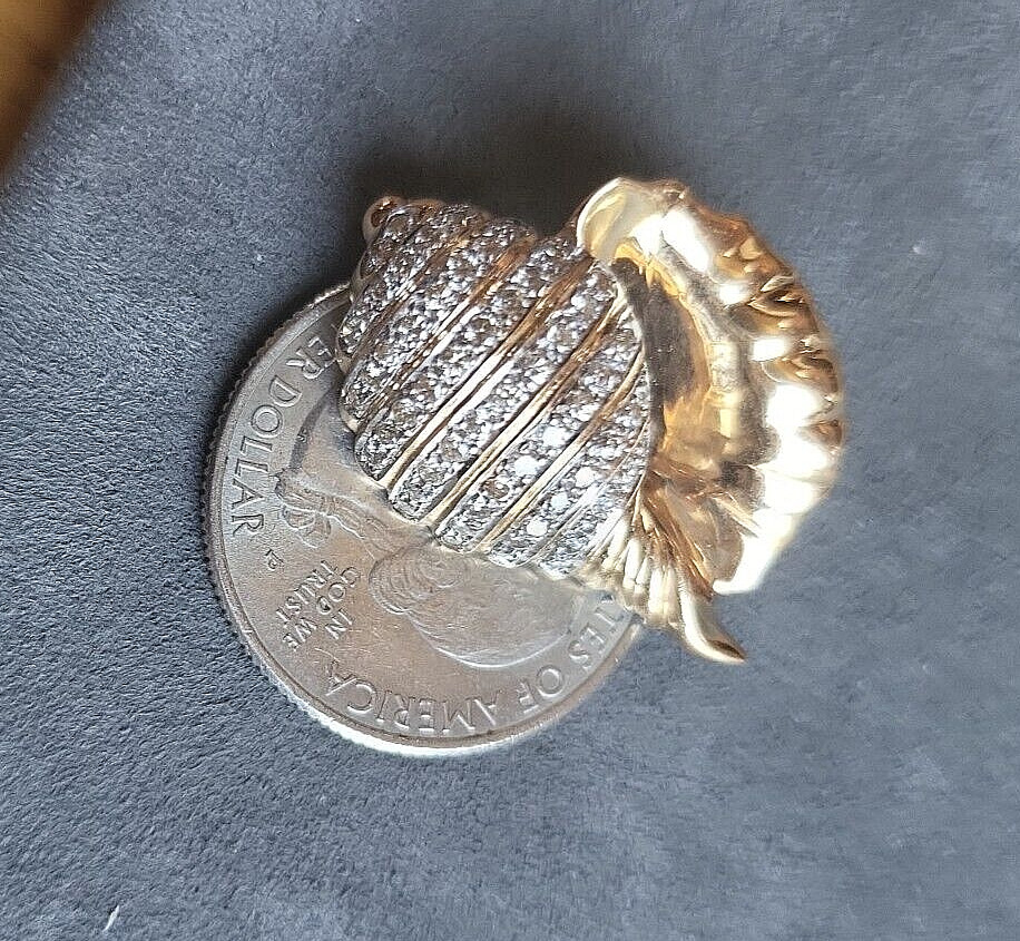 14k Yellow Gold Pave Diamond Conch Shell Pin Marine N… Gem