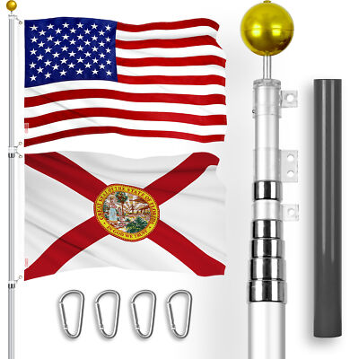 25 Ft Telescoping Flagpole Silver & American and Florida Flags Emb 300D 3x5Ft