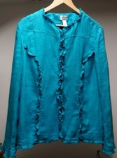 Gorgeous CHICO'S Turquoise LINEN Women Size 2 Long Sleeve Unlined RUFFLE Blazer